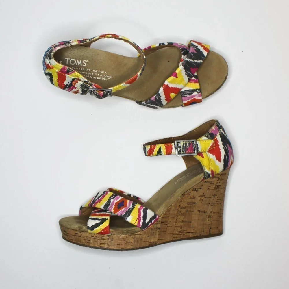 TOMS colorful Ikat‎ cork wedge sandal size 8.5